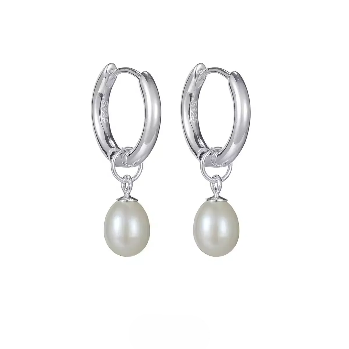 925 Sterling Silver Pearl Charm Hoops Elegant Pearl Drop Earrings featuring smooth hoops with dangling natural white pearls