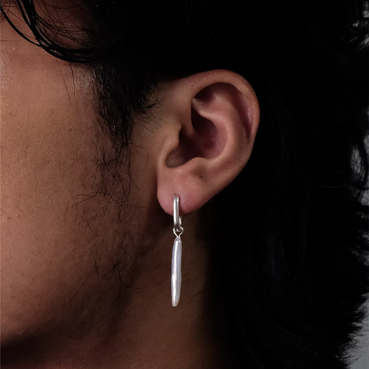 Biwa Stick Pearl Drop Earrings 925 Sterling Silver Rectangular Hoops worn on ear with slender natural pearl dangle