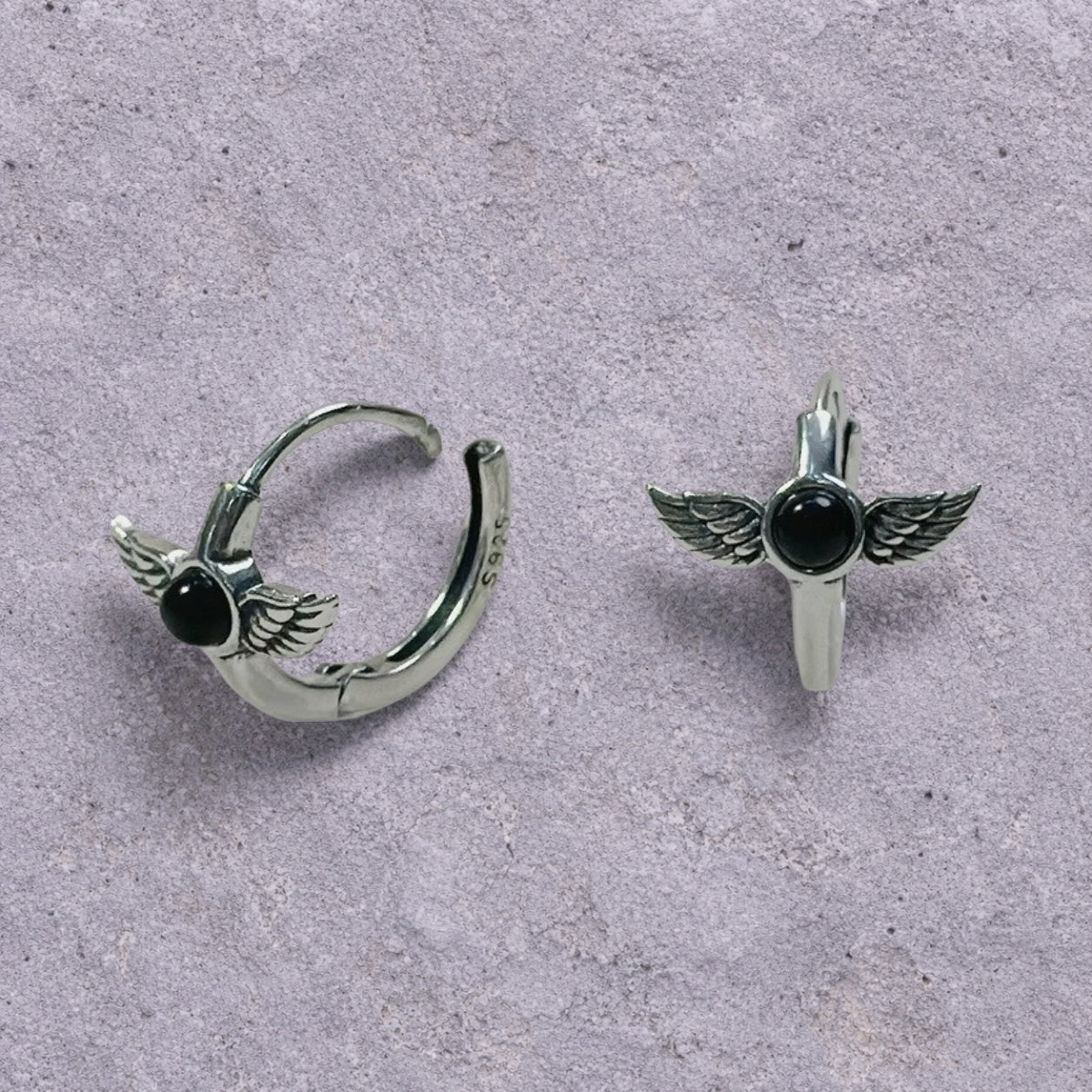 Black Onyx Winged Dagger Oxidized Silver Huggie Hoop Earrings