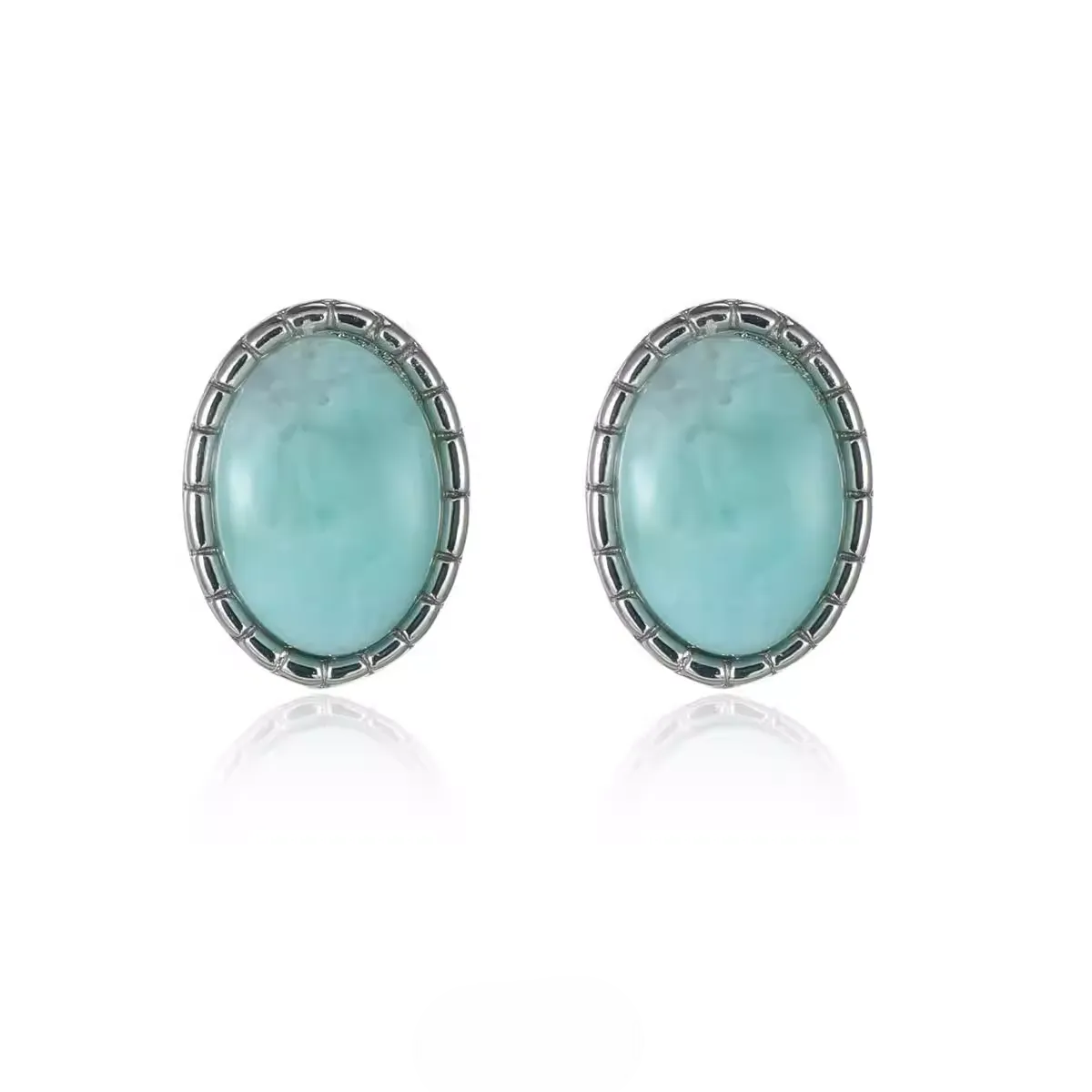 Genuine Blue Larimar Earrings S925 Silver Round Gemstone Studs with oval blue stones in detailed Tibetan style silver setting