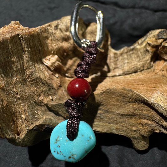 Hand-Knotted Turquoise & Cinnabar Dangles Silver Zen Amulet Studs