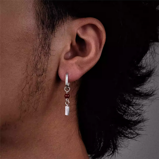 Minimalist Cinnabar Dangle Earrings S925 Silver Geo Leverback Hoops with red cinnabar bead and silver geometric charm worn on ear