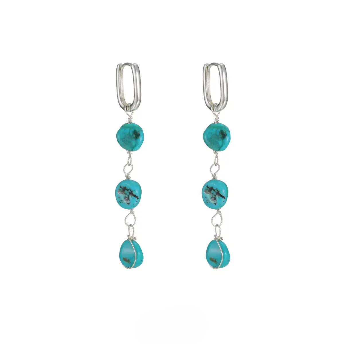 Natural Turquoise Tassel Earrings 925 Silver Boho Ethnic
