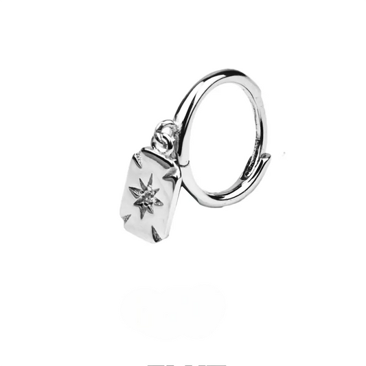 Silver hoop earring with a rectangular drop charm featuring a star design.