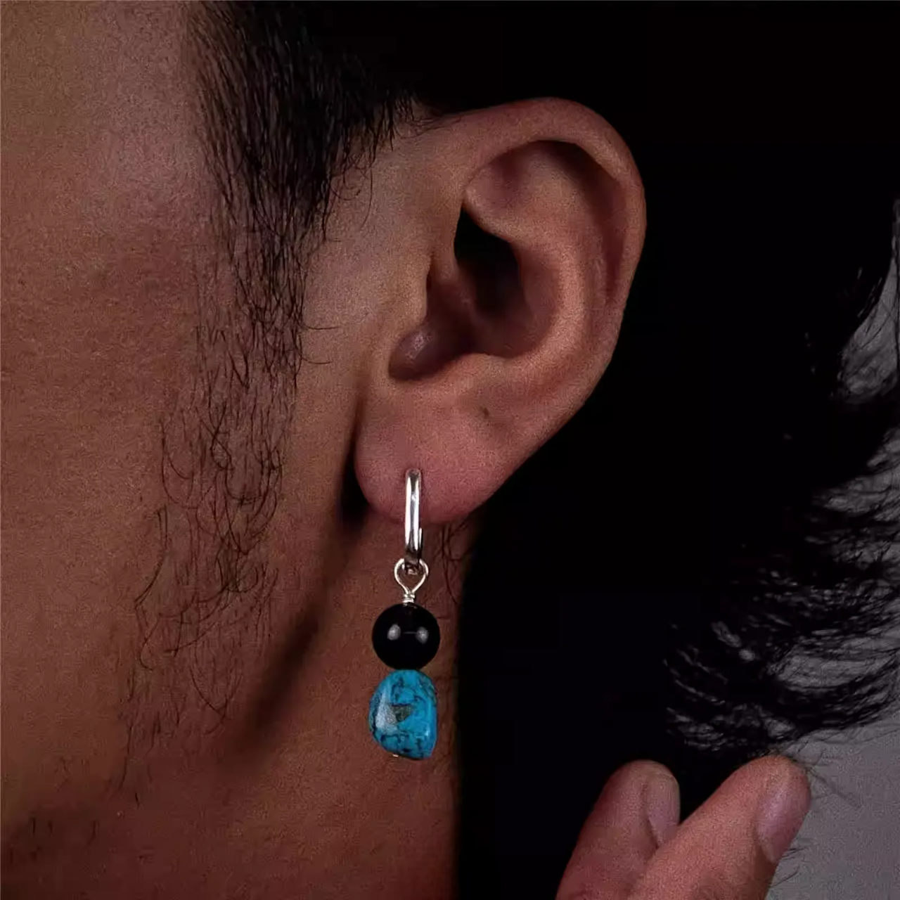 S925 Silver Black Obsidian & Turquoise Drop Earrings Rectangular Hoop