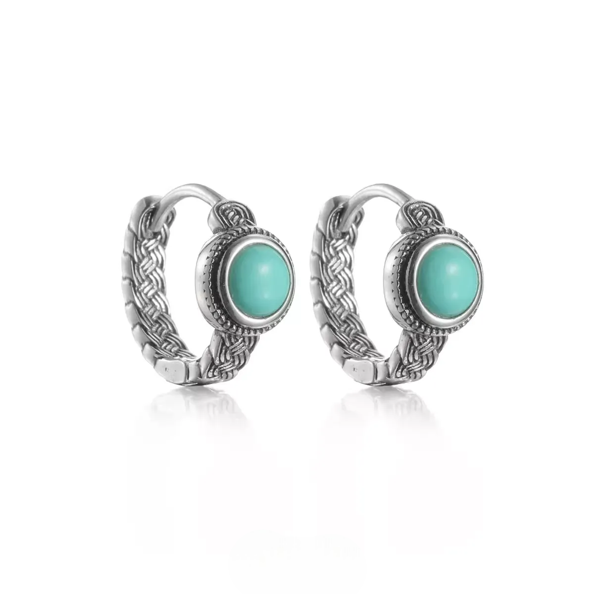 S925 Silver Braided Turquoise Huggie Hoops Vintage Rope Earrings