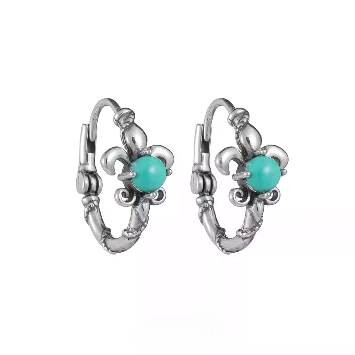 S925 Silver Fleur-de-lis Turquoise Hoops Vintage Men's Huggies
