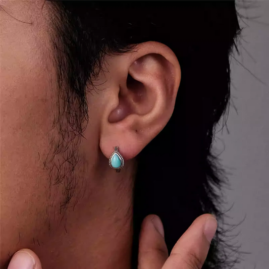 S925 Silver Natural Raw Turquoise Teardrop Huggies Unisex Hoops