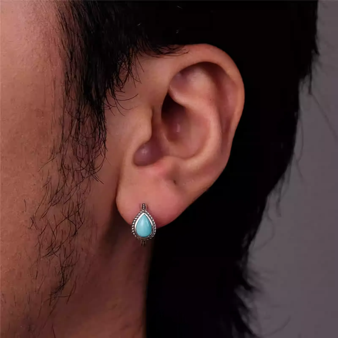 S925 Silver Natural Raw Turquoise Teardrop Huggies Unisex Hoops