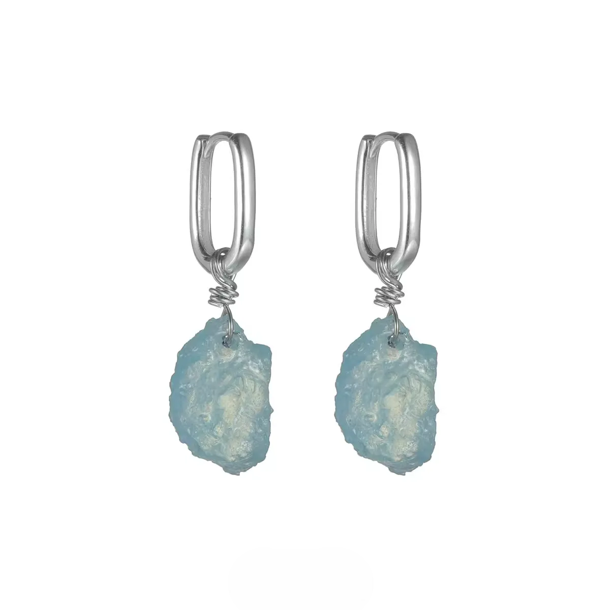 S925 Silver Raw Aquamarine Dangle Huggie Hoop Earrings