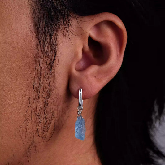 S925 Silver Raw Aquamarine Dangle Huggie Hoop Earrings