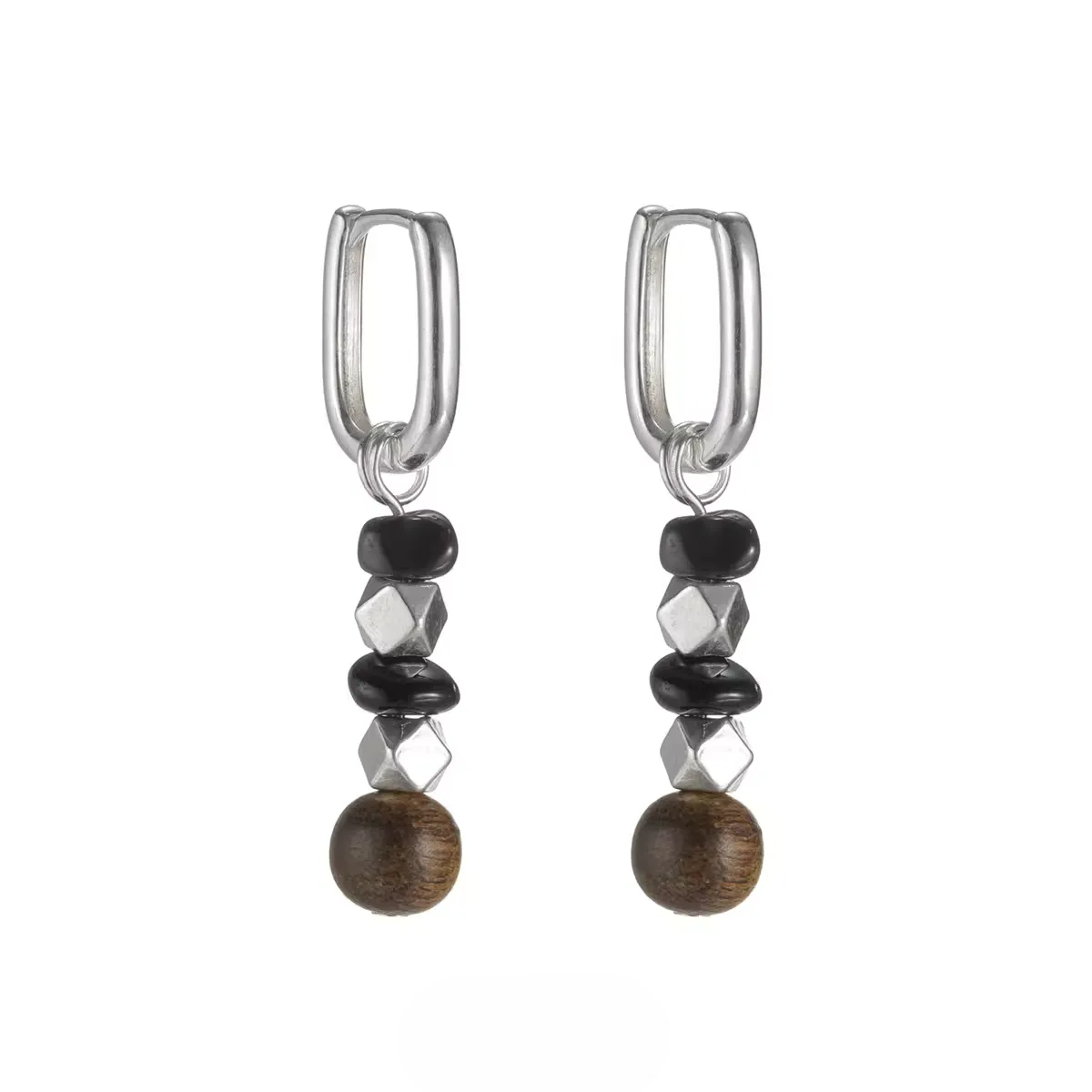 S925 Silver Rectangular Hoop Earrings with Obsidian & Wood Beads