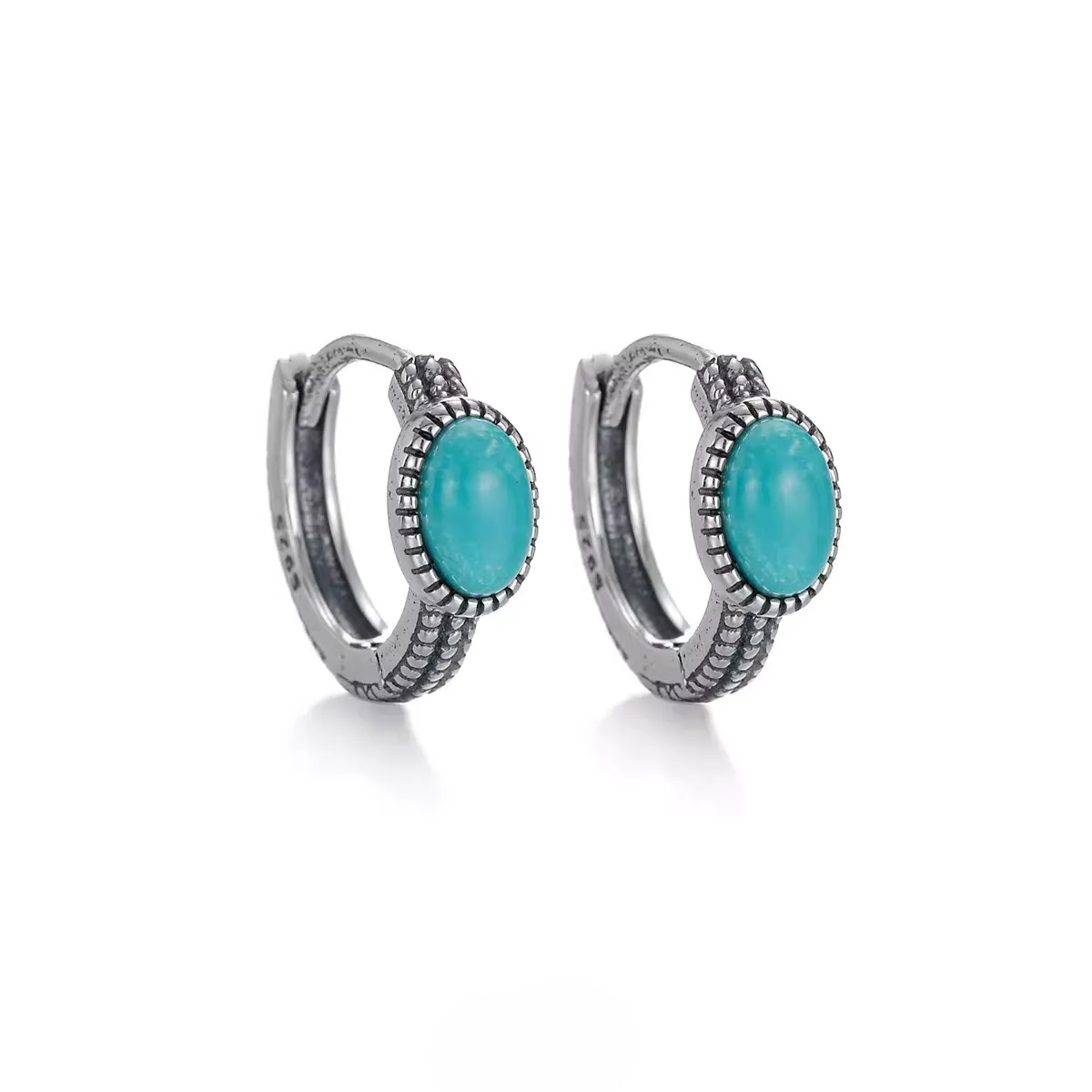 S925 Silver Vintage Turquoise Huggies Unisex Artisan Hoops