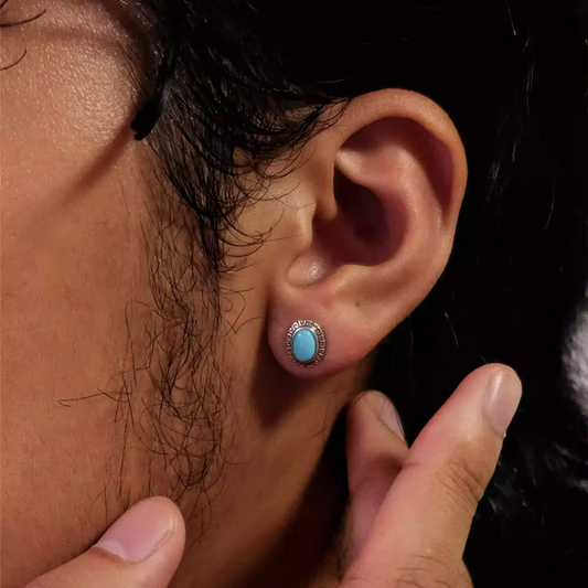 Tribal Engraved Solitaire Turquoise Studs S925 Silver Unisex Niche