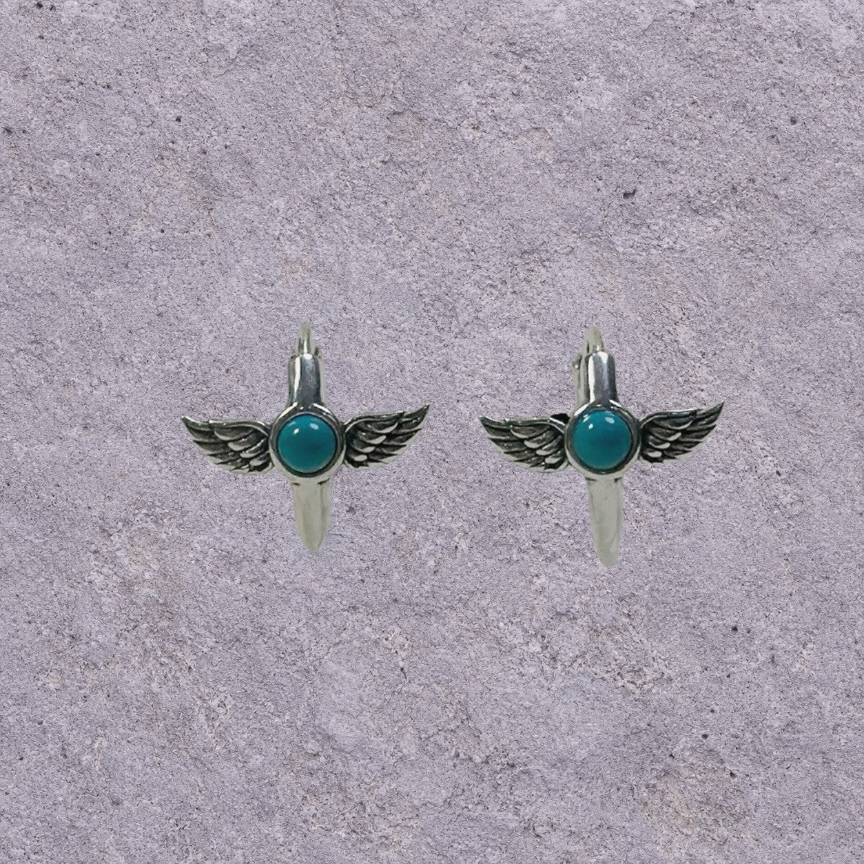 Turquoise Winged Dagger Oxidized Silver Huggie Hoops