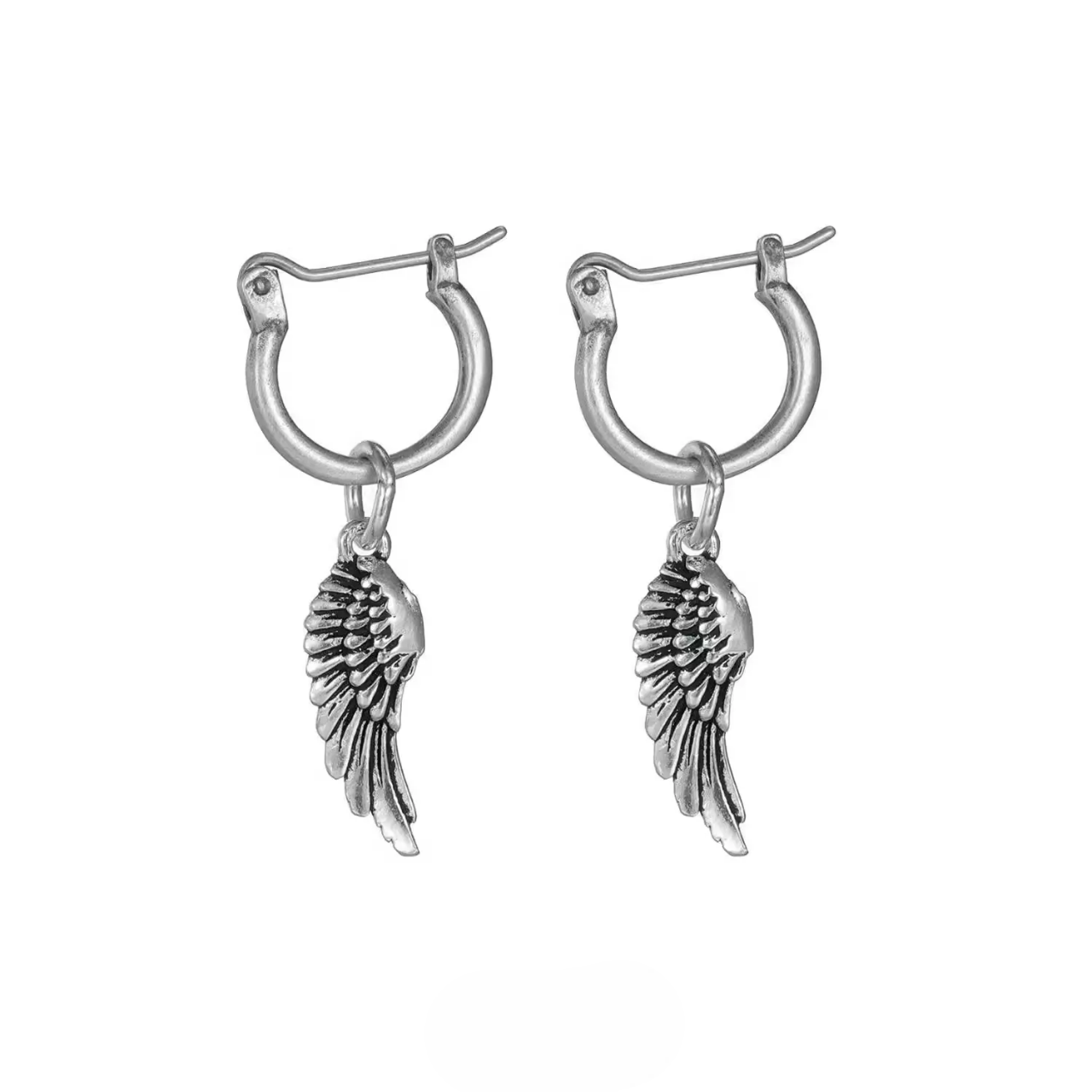 Vintage Oxidized Silver Angel Wing Drop Earrings Unisex Goth Style