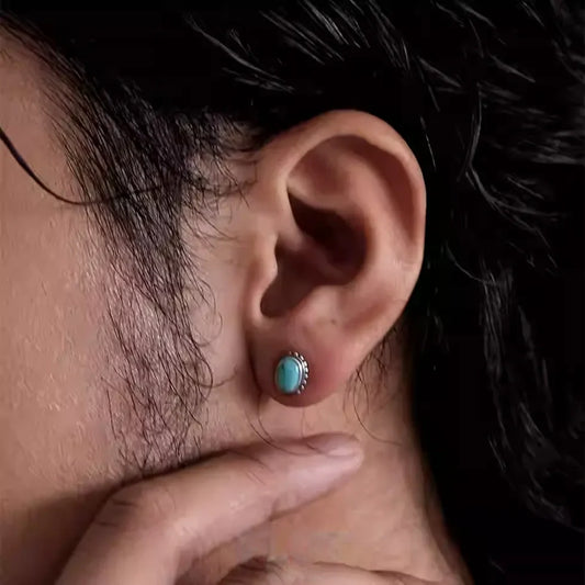 S925 Silver Natural Turquoise Stud Earrings Vintage Unisex