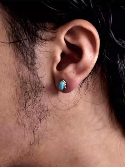 S925 Silver Natural Turquoise Stud Earrings Vintage Unisex