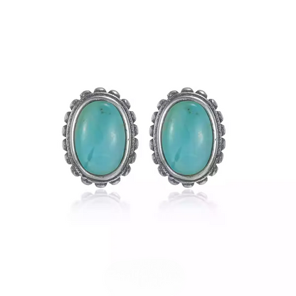 S925 Silver Natural Turquoise Stud Earrings Vintage Unisex