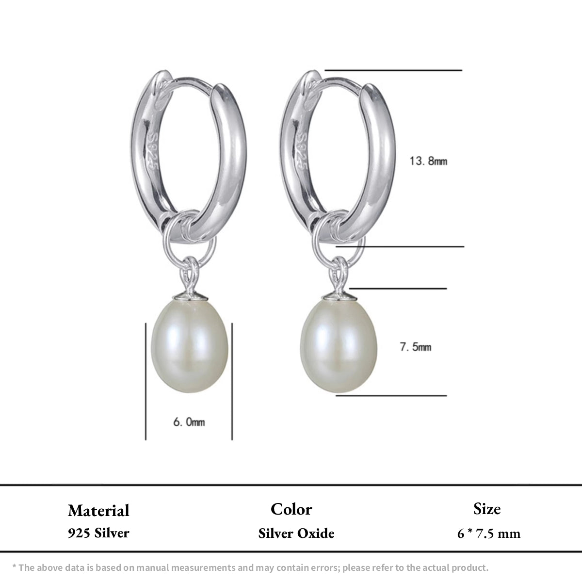 925 Sterling Silver Pearl Charm Hoops Elegant Pearl Drop Earrings with 7.5mm white pearl dangles on sleek silver hoops