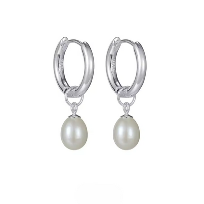 925 Sterling Silver Pearl Charm Hoops Elegant Pearl Drop Earrings featuring smooth hoops with dangling natural white pearls