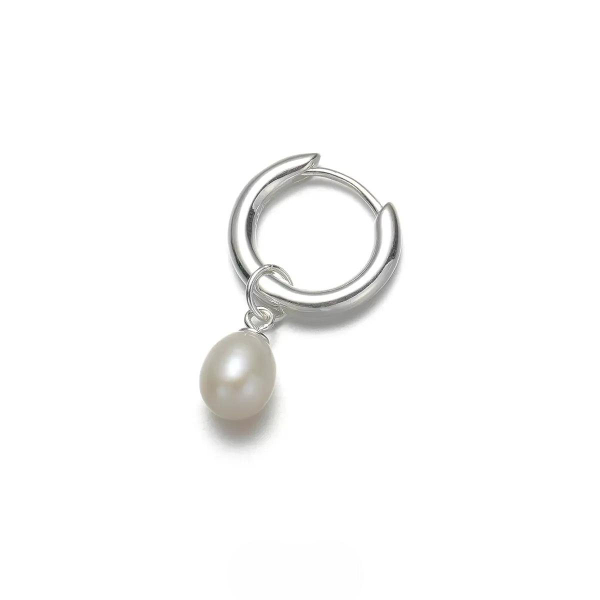 925 Sterling Silver Pearl Charm Hoops Elegant Pearl Drop Earrings featuring a single white pearl dangle on polished silver hoop