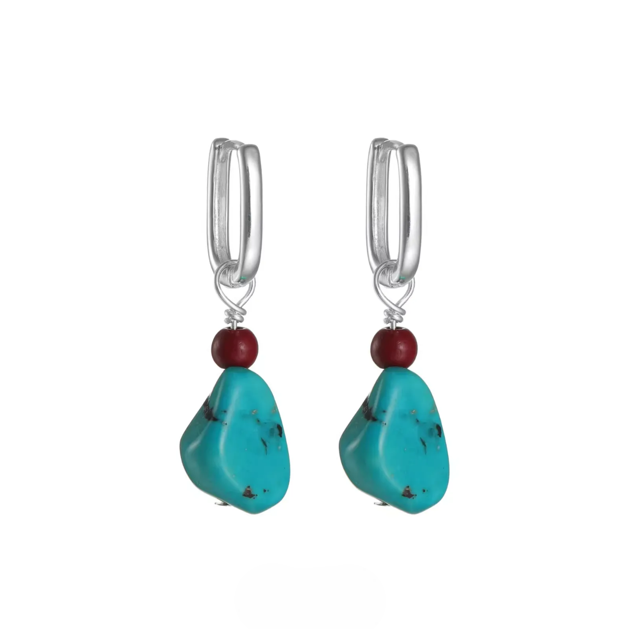 S925 Silver Raw Turquoise & Red Bead Earrings Modern Amulet