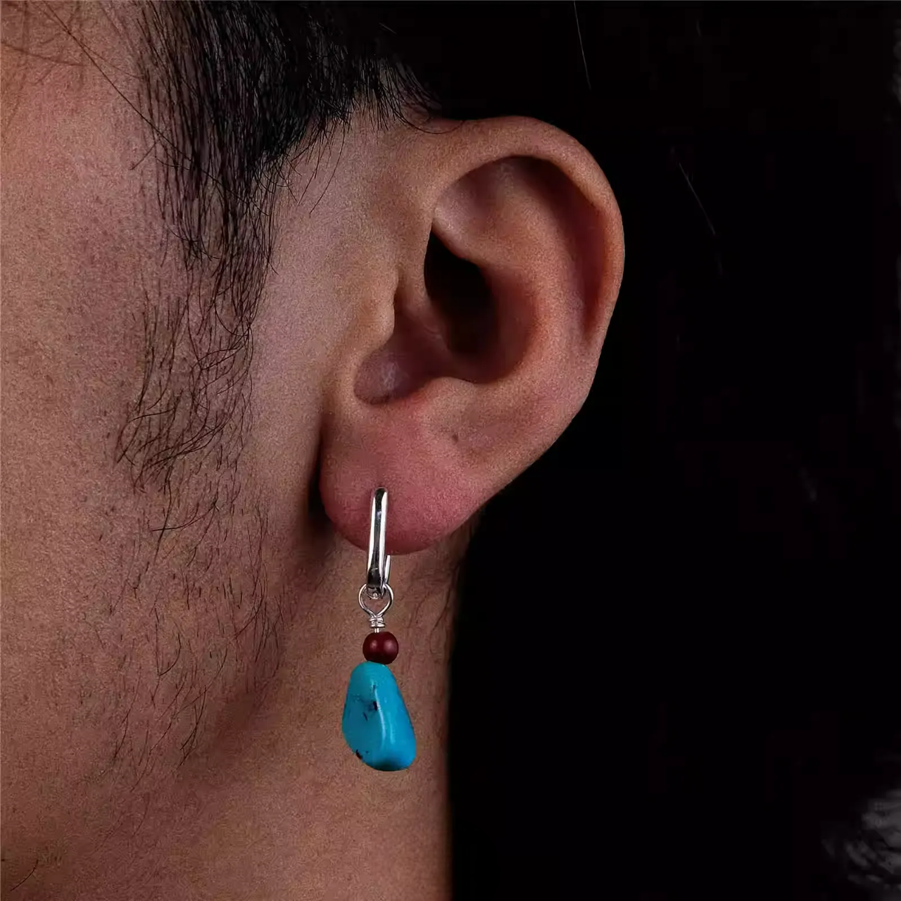 S925 Silver Raw Turquoise & Red Bead Earrings Modern Amulet