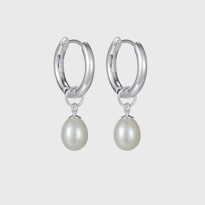 925 Sterling Silver Pearl Charm Hoops Elegant Pearl Drop Earrings featuring round white pearl dangles on polished silver hoops