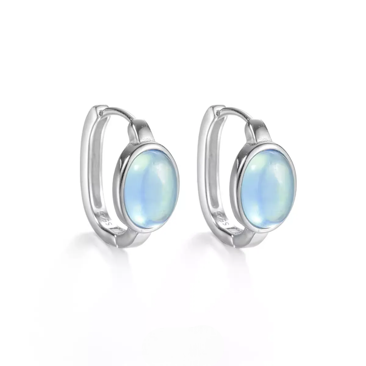 Artisan Ocean Blue Cabochon Huggies Minimalist S925 Silver Hoops