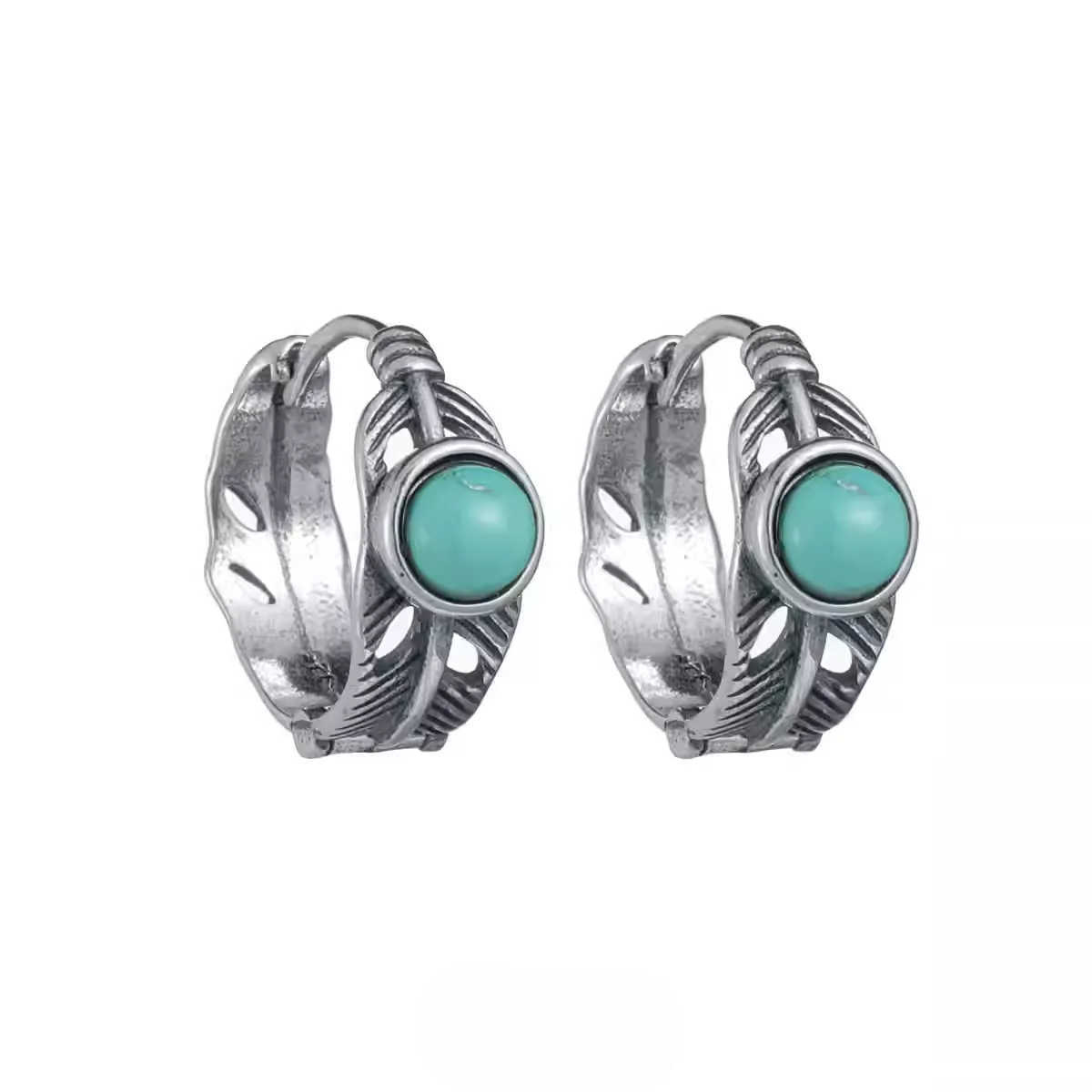 Artisan Silver Feather Huggies with Natural Turquoise Rustic Hoops