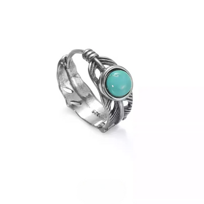Artisan Silver Feather Huggies with Natural Turquoise Rustic Hoops