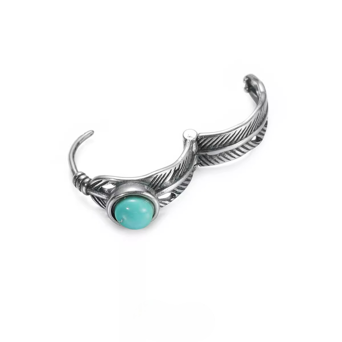 Artisan Silver Feather Huggies with Natural Turquoise Rustic Hoops