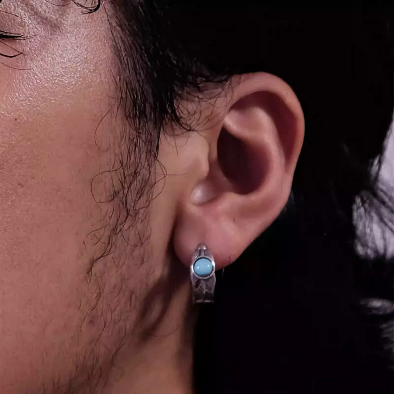 Artisan Silver Feather Huggies with Natural Turquoise Rustic Hoops