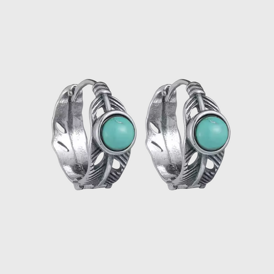 Artisan Silver Feather Huggies with Natural Turquoise Rustic Hoops