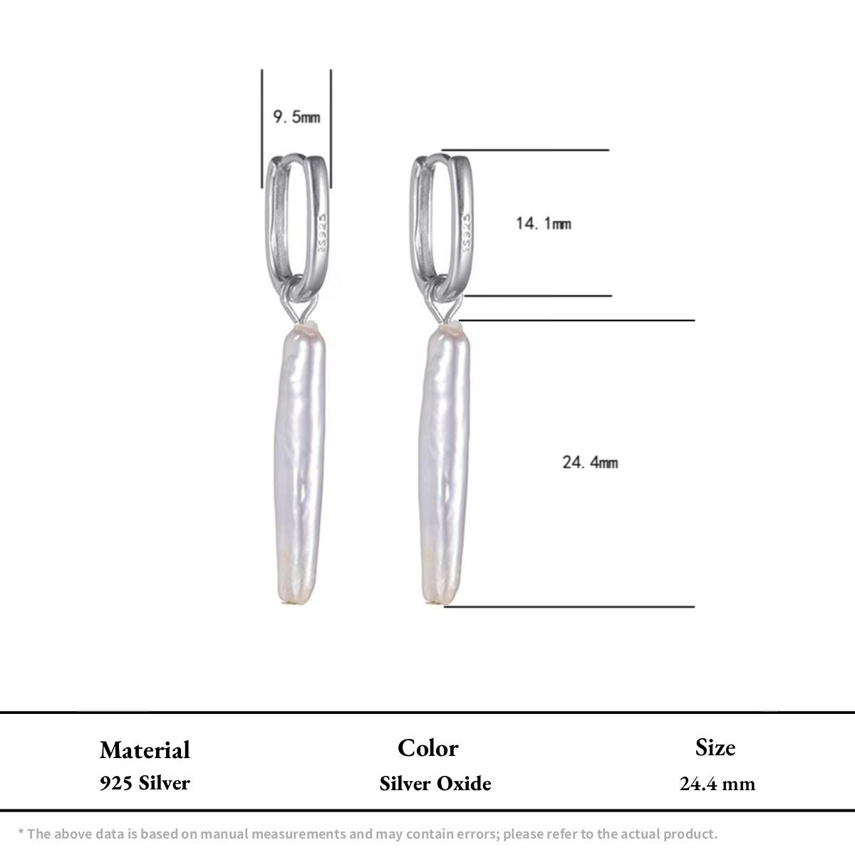 Biwa Stick Pearl Drop Earrings 925 Sterling Silver Rectangular Hoops with elongated natural pearl on silver oxide hoops