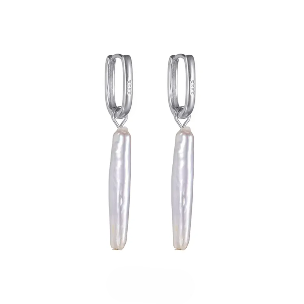 Biwa Stick Pearl Drop Earrings 925 Sterling Silver Rectangular Hoops with elongated natural pearl dangles on polished silver hoops