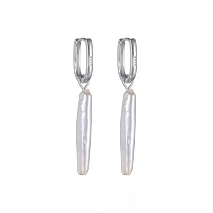 Biwa Stick Pearl Drop Earrings 925 Sterling Silver Rectangular Hoops with elongated natural pearl dangles on polished silver hoops