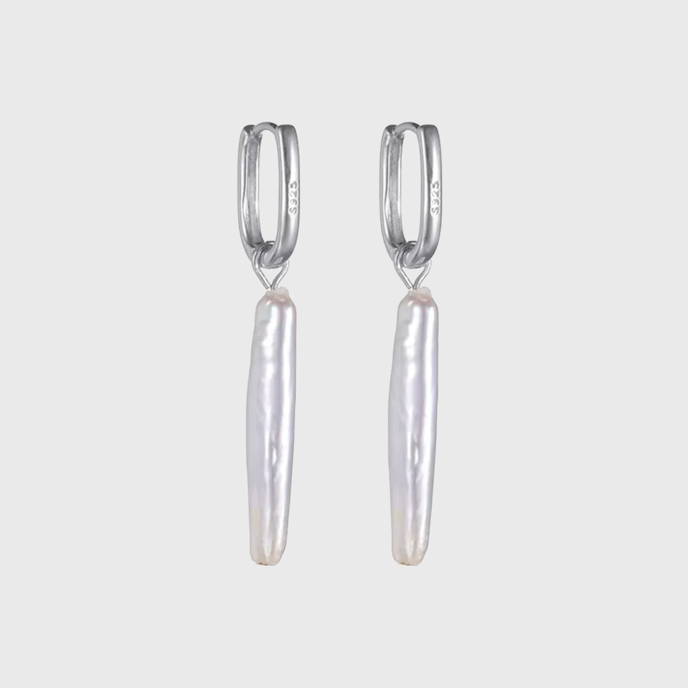 Biwa Stick Pearl Drop Earrings 925 Sterling Silver Rectangular Hoops with elongated natural pearl dangles on polished silver hoops