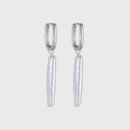 Biwa Stick Pearl Drop Earrings 925 Sterling Silver Rectangular Hoops with elongated natural pearl dangles on polished silver hoops