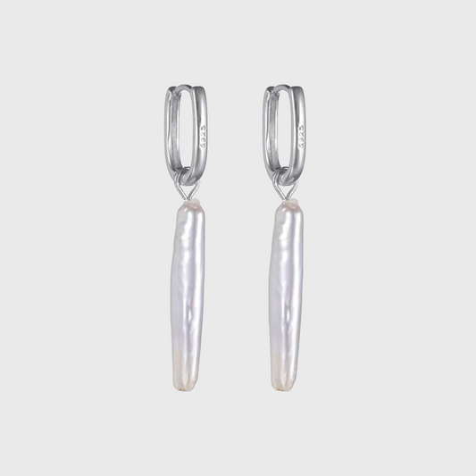 Biwa Stick Pearl Drop Earrings 925 Sterling Silver Rectangular Hoops with elongated natural pearl dangles on polished silver hoops