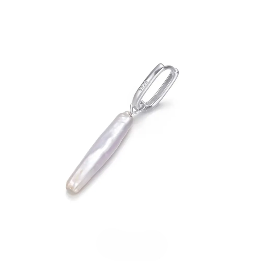 Biwa Stick Pearl Drop Earrings 925 Sterling Silver Rectangular Hoops featuring long natural pearl dangle on sleek silver hoop