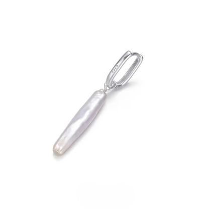 Biwa Stick Pearl Drop Earrings 925 Sterling Silver Rectangular Hoops featuring long natural pearl dangle on sleek silver hoop