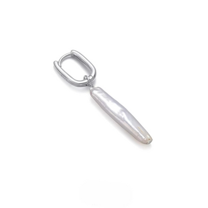 Biwa Stick Pearl Drop Earrings 925 Sterling Silver Rectangular Hoops featuring elongated natural pearl dangle on polished silver hoop