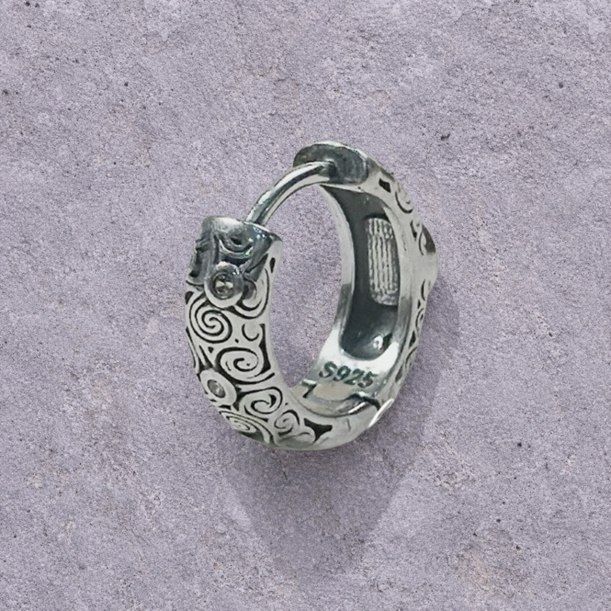 Black Onyx Scroll Engraved Oxidized Silver Huggie Hoop Earrings