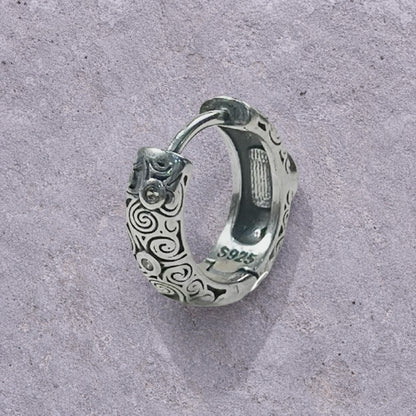 Black Onyx Scroll Engraved Oxidized Silver Huggie Hoop Earrings