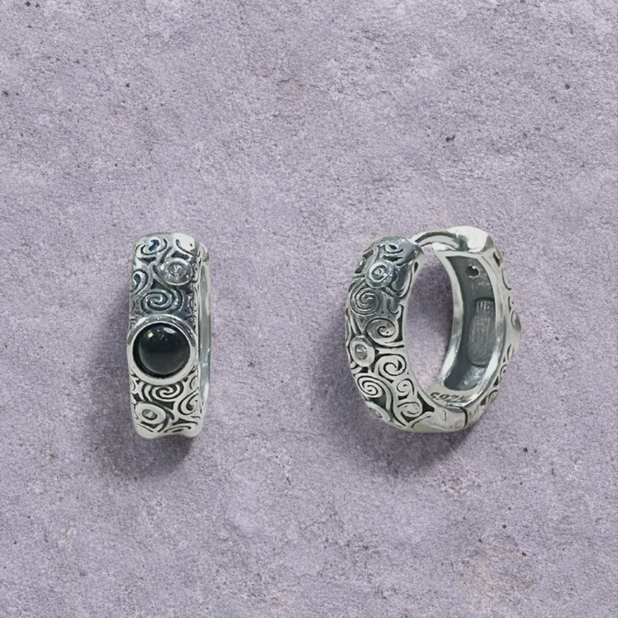 Black Onyx Scroll Engraved Oxidized Silver Huggie Hoop Earrings
