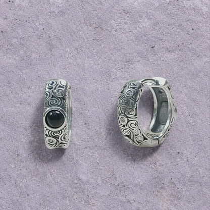 Black Onyx Scroll Engraved Oxidized Silver Huggie Hoop Earrings