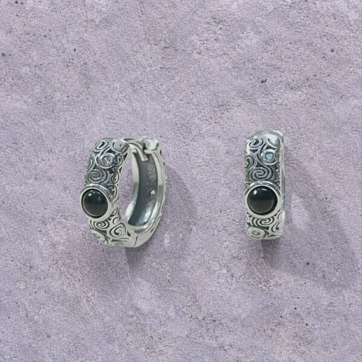 Black Onyx Scroll Engraved Oxidized Silver Huggie Hoop Earrings