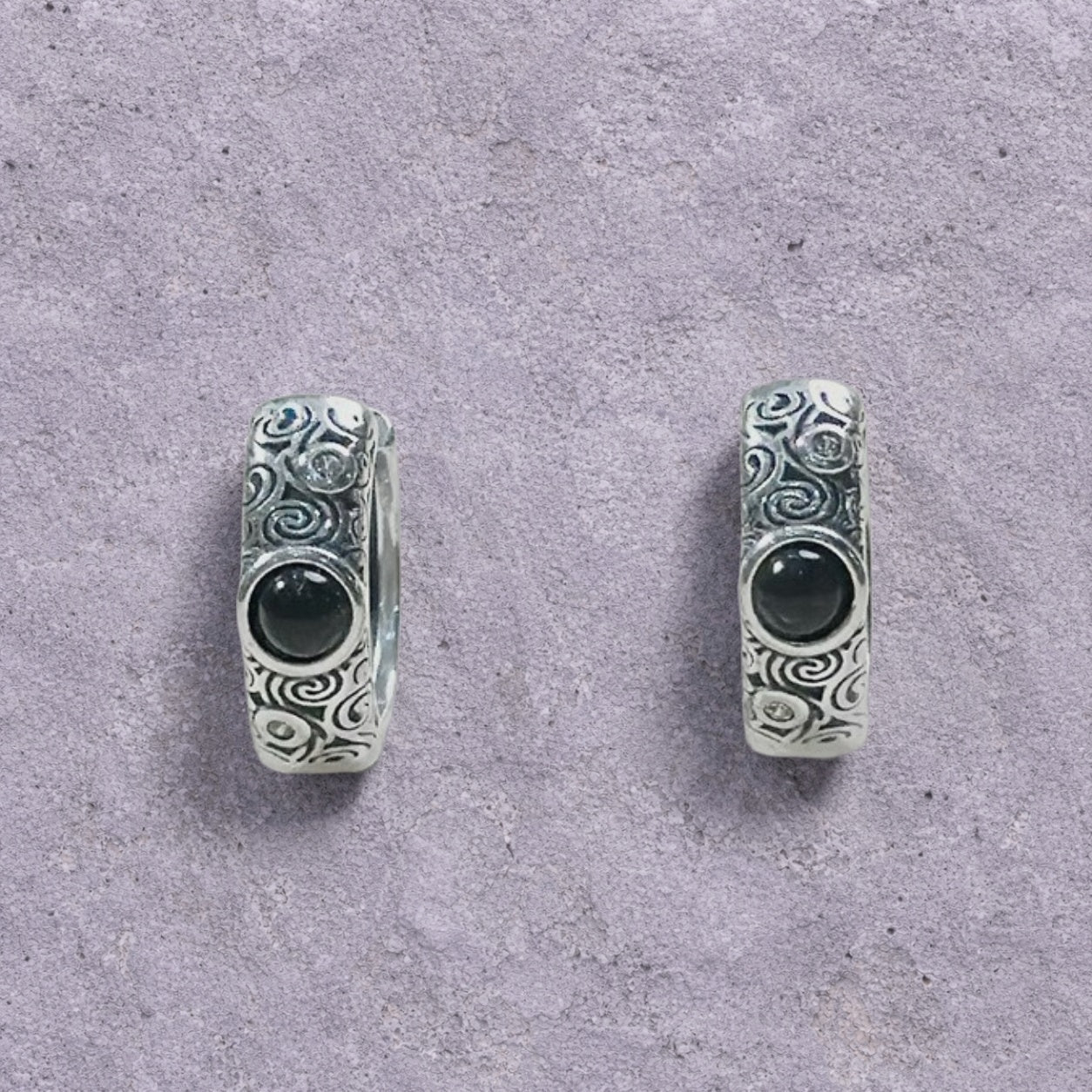 Black Onyx Scroll Engraved Oxidized Silver Huggie Hoop Earrings